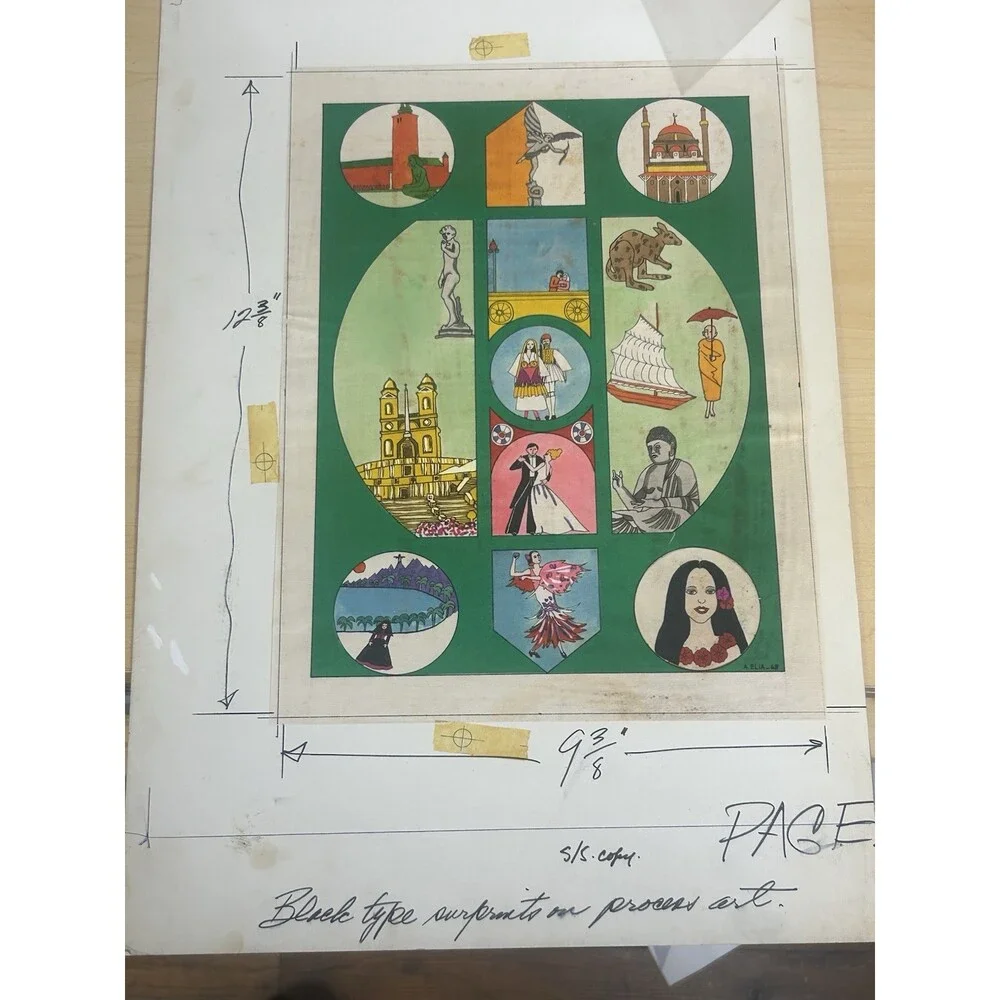 Vintage 1968 Albert Elia Original Artwork - Travel Icons & Celebs Signed